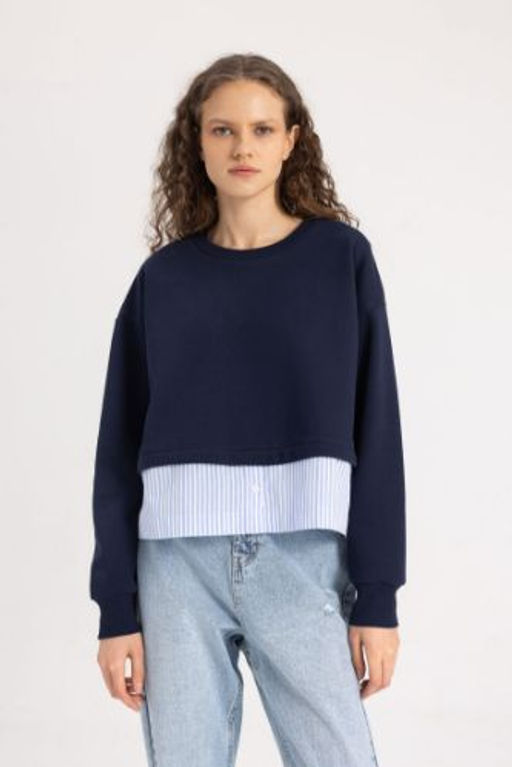 Relax Fit Bisiklet Yaka Etek Ucu Detayl? Basic Duz Kal?n Sweatshirt