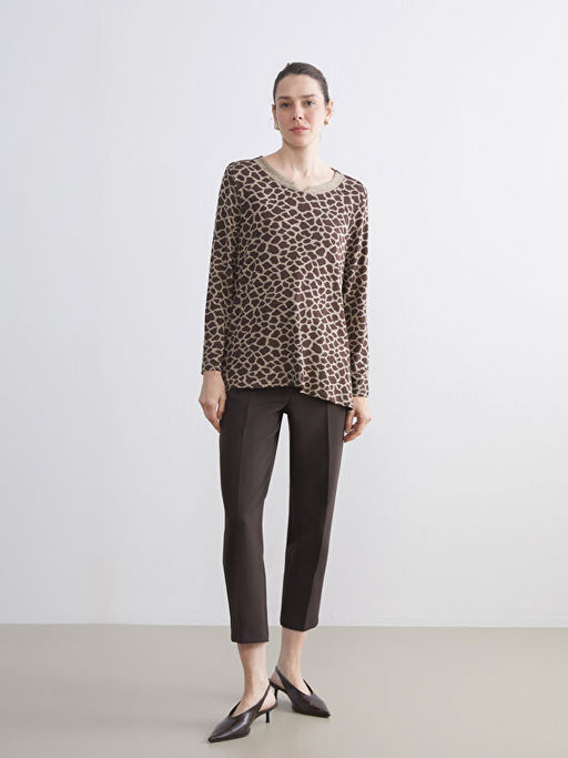 Bisiklet Yaka Leopar Desenli Kad?n Ti??rt