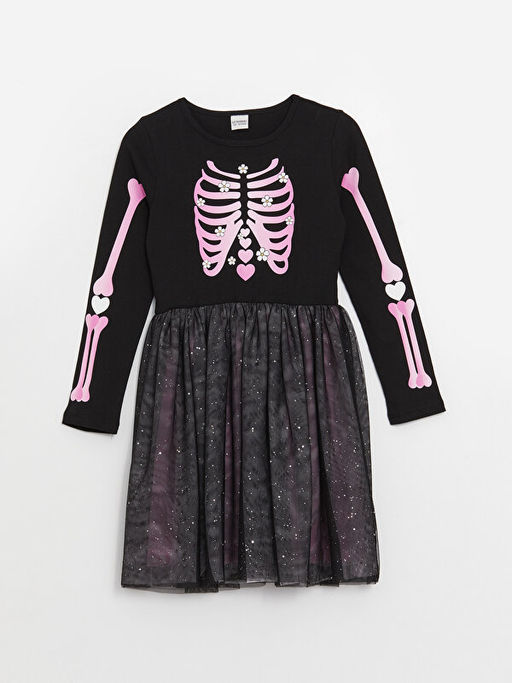 Bisiklet Yaka Bask?l? Uzun Kollu K?z ?ocuk Elbise