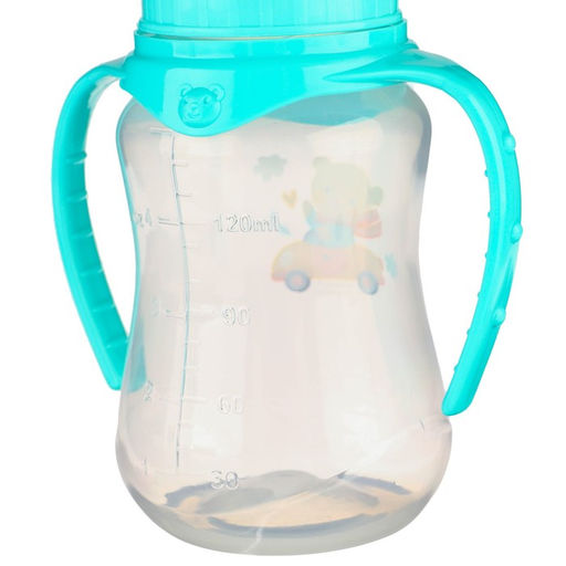 Бутылочка для кормления M&B «Мишутка», классическое горло, с ручками, от 0 мес., 150 мл., приталенная, бирюзовый
