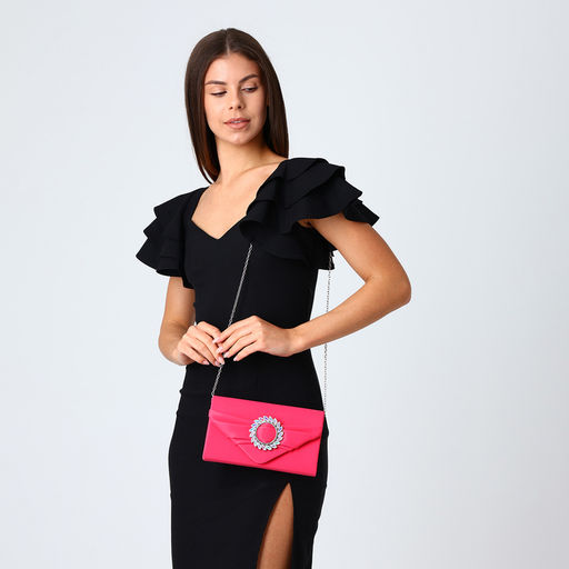 Сумка-клатч женская вечерняя на магните, на цепочке, с декоративной пряжкой, фуксия