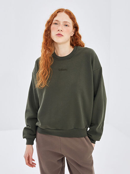 Bisiklet Yaka Nak??l? Kad?n Kal?n Sweatshirt