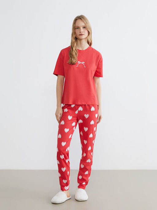 Bisiklet Yaka Bask?l? Kad?n Pijama Tak?m?