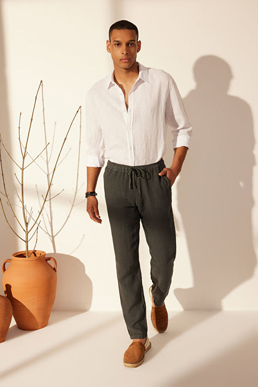 Premium Gri %100 Keten Straight Fit Lastikli Beli Ba_lamal_ Pantolon TMNSS24PL00018