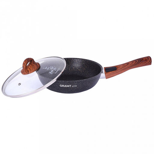 Сковорода с тефлоновым покрытием д26см "Granit Ultra", h6,5см, съемная ручка из термостойкого пластика, стеклянная жаропрочная крышка, гранитный (Россия) - можно использовать металлические кухонные принадлежности