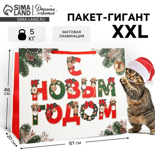 Пакет подарочный новогодний ламинированный «С Новым годом», XXL 61×46×20 см