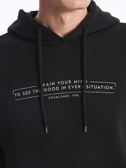 Uzun Kollu Bask?l? Erkek Kal?n Hoodie