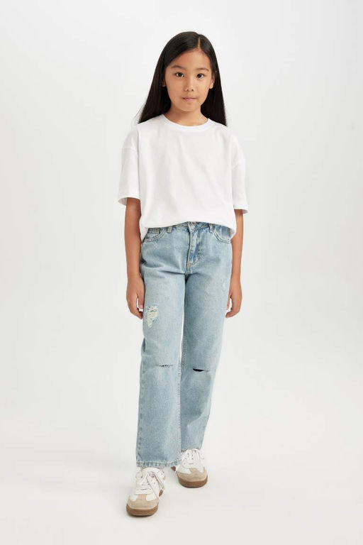 Джинсовые брюки прямого кроя с рваными деталями и прямыми карманами для девочек - Defacto фото 3