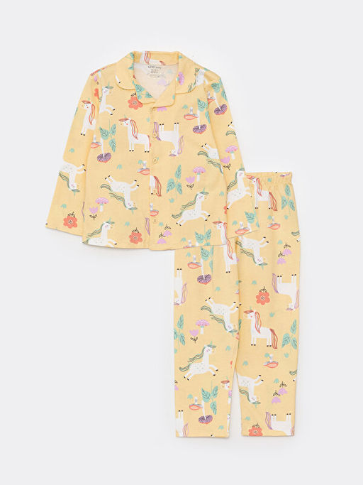 Polo Yaka Uzun Kollu Bask?l? Pamuklu K?z Bebek Pijama Tak?m?