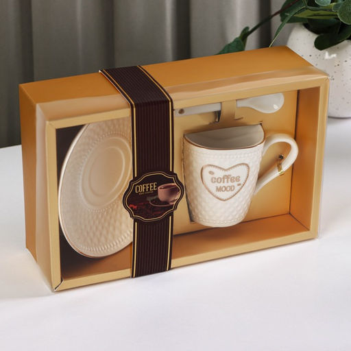 Кофейная пара с ложкой Coffee, 2 предмета: кружка 190 мл, блюдце, керамика, белая