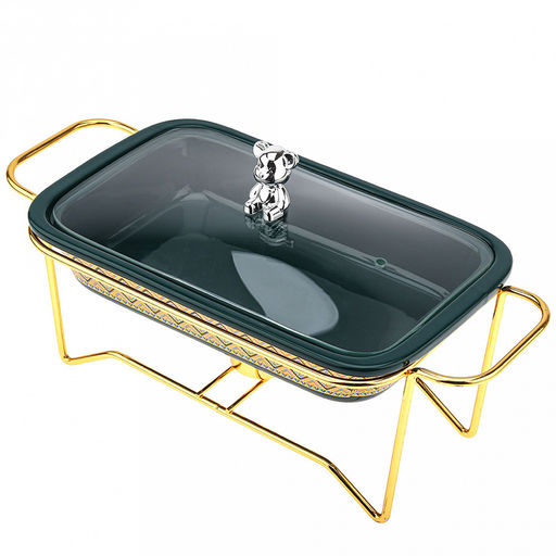 "Мармит Изумруд" Форма для запекания 750мл, прямоугольная, 25,5х15,5см h4,8см, керамика с деколью, цвет - изумрудный, стеклянная крышка с пароотводом, пластмассовая ручка-кнопка "мишка", металическая подставка с ручками, с подогревом на 1 свечу 32,8х