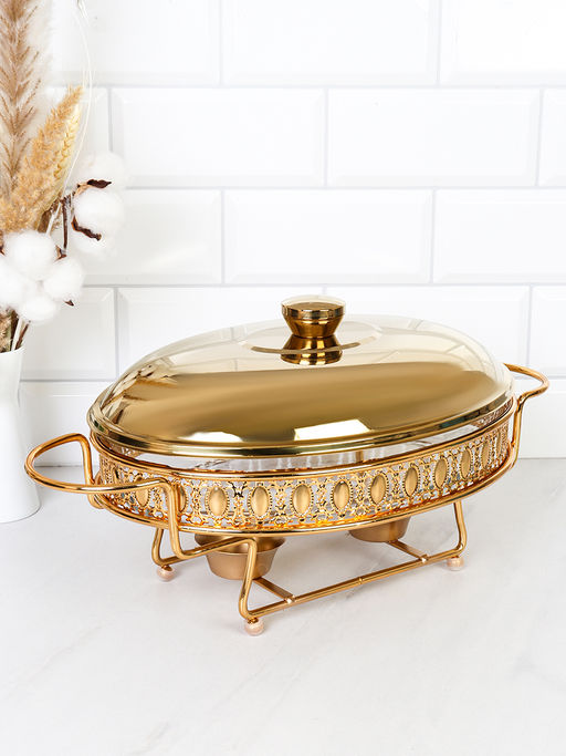 Мармит с подогревом 2,5 л Gold / HT95214-2.5 /уп 6/ жаростойкое стекло на металл подставке с крышкой - Галеонтрейд фото 2