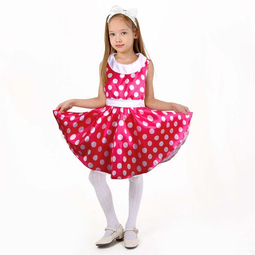 Карнавальный костюм Стиляги 6, платье фуксия в белый горох, повязка, р. 30, рост 110-116 см