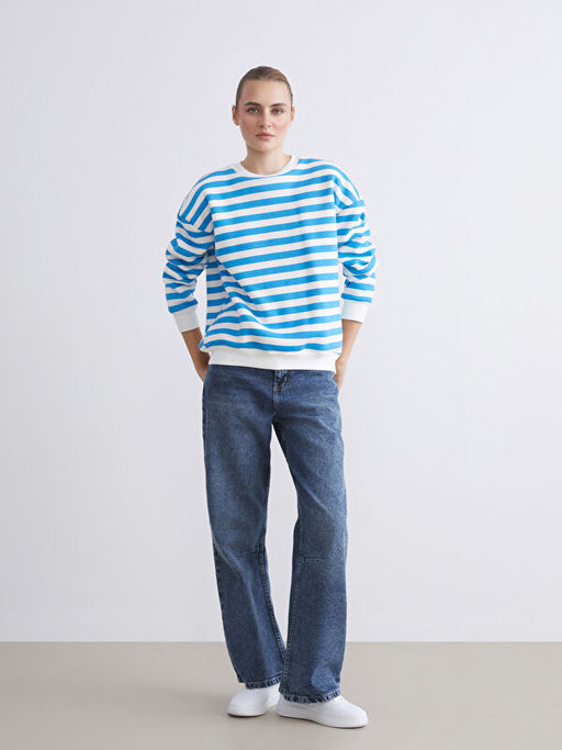 Bisiklet Yaka ?izgili Oversize Kad?n Sweatshirt