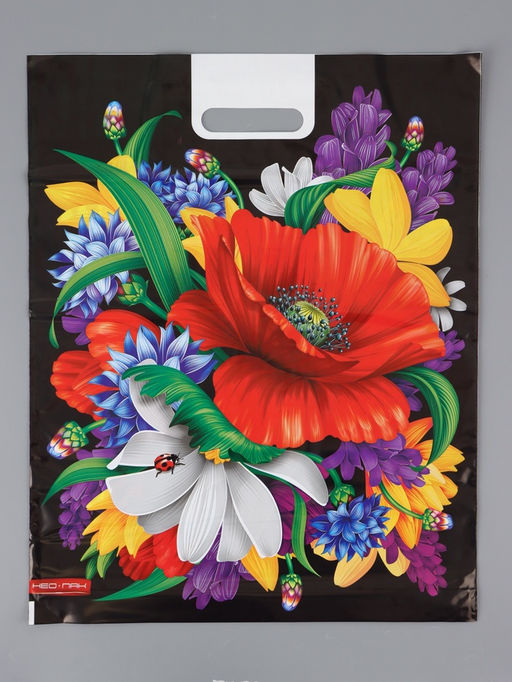 Цена за 25 шт. Пакет "Мак, полиэтиленовый с вырубной ручкой 41х51х4 80мкм