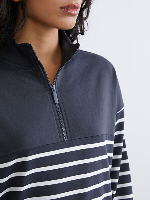 Dik Yaka ?izgili Kad?n Sweatshirt Tunik