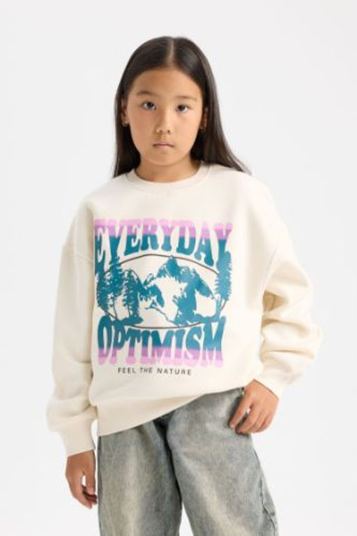 K?z Cocuk Relax Fit Bisiklet Yaka Bask?l? Sweatshirt