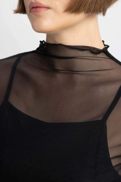 Футболка приталенного кроя с полуводолазкой и длинными рукавами из тюля - Defacto фото 6