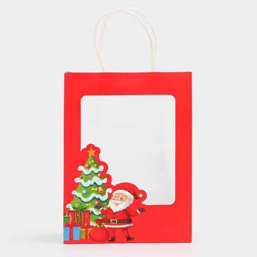 Цена за 2 шт. Пакет подарочный с окном «Дед мороз» 19×26×13 см, Красный