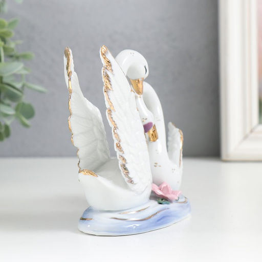 Фигурка керамика «Лебедь с лебёдушкой в пруду, в горошек», 10 см