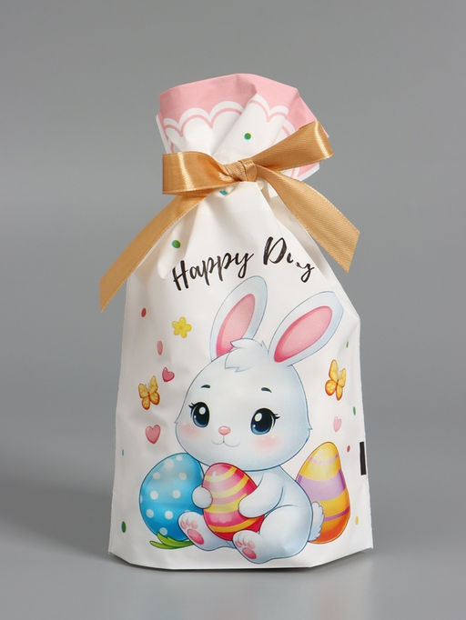 Цена за 50 шт. Пакет  полиэтиленовый подарочный "Заяц с цветами", с завязками, 15х23±1 см