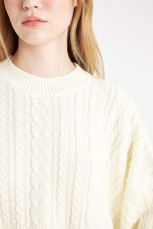 Женский крутой плетеный трикотажный свитер стандартной посадки с круглым вырезом и волосами - Defacto фото 5