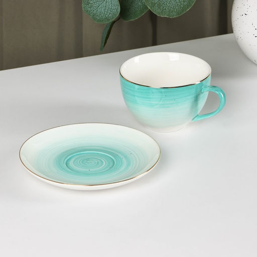 Чайная пара Доляна Млечный путь, 2 предмета: чашка 220 мл, блюдце d=13.5 см, фарфор, бирюзовая