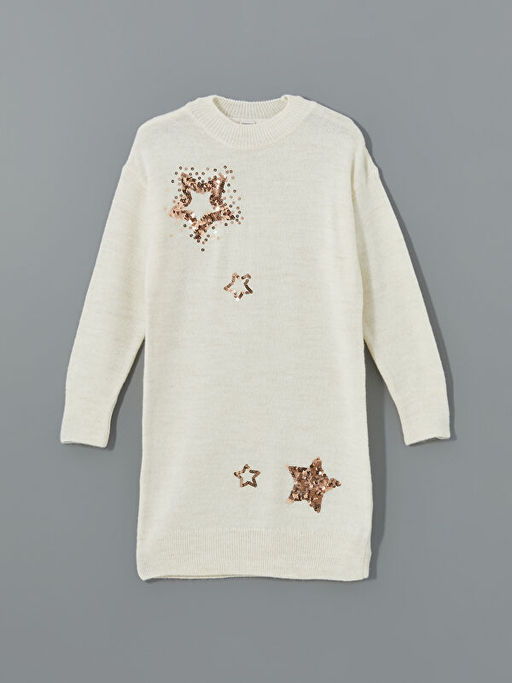 Bisiklet Yaka Pul ??lemeli K?z ?ocuk Elbise