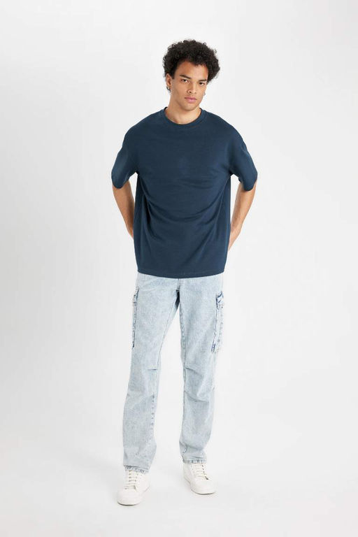 Мужская темно-синяя базовая футболка оверсайз с широким вырезом и круглым вырезом из плотной ткани с короткими рукавами - Defacto фото 2