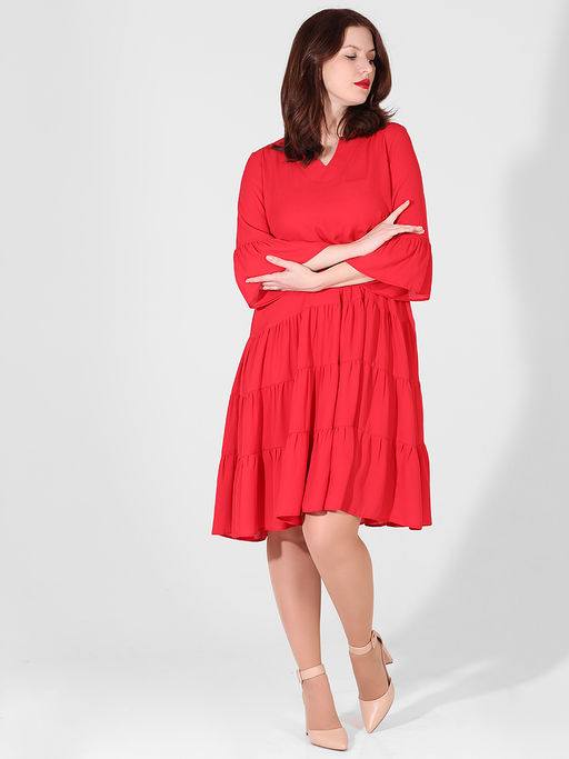 Платье-двойка свободное нарядное больших размеров красное