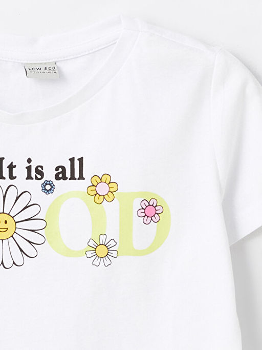 Bisiklet Yaka Bask?l? K?sa Kollu K?z ?ocuk Ti??rt ve ?ort - Waikiki фото 3