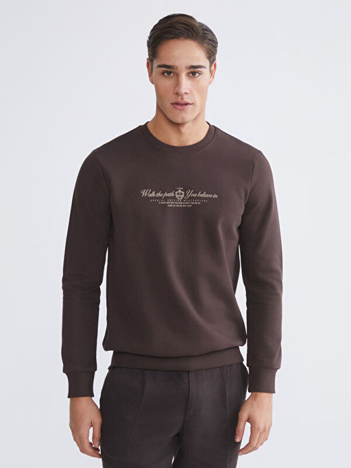 Standart Kal?p Bisiklet Yaka Bask?l? Erkek Kal?n Sweatshirt