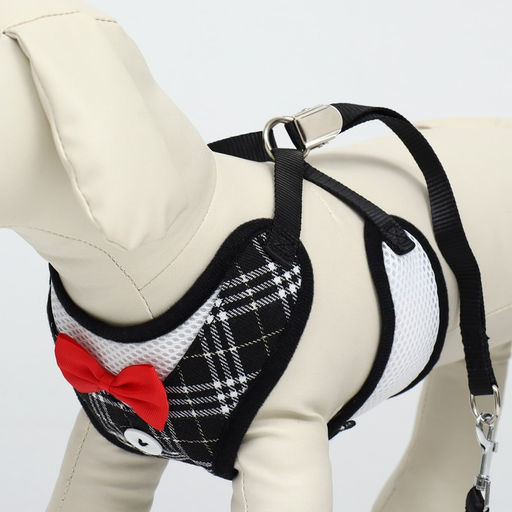 Комплект с мягкой шлейкойи бантиком Клетка, L, поводок 120 x 1,5 см, ОГ 35-50 см, чёрный 96837 - Пижон фото 5