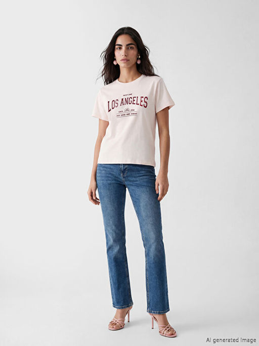 Bisiklet Yaka Los Angeles Bask?l? Kad?n Ti??rt