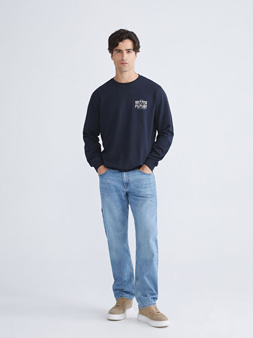 Bisiklet Yaka Bask?l? Erkek Sweatshirt