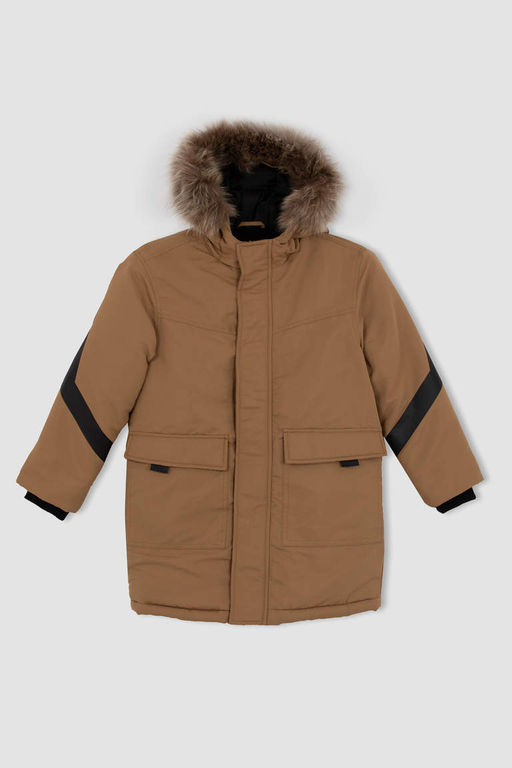 Водоотталкивающее пальто со съемным меховым капюшоном и плюшевой подкладкой для мальчиков - Defacto фото 10