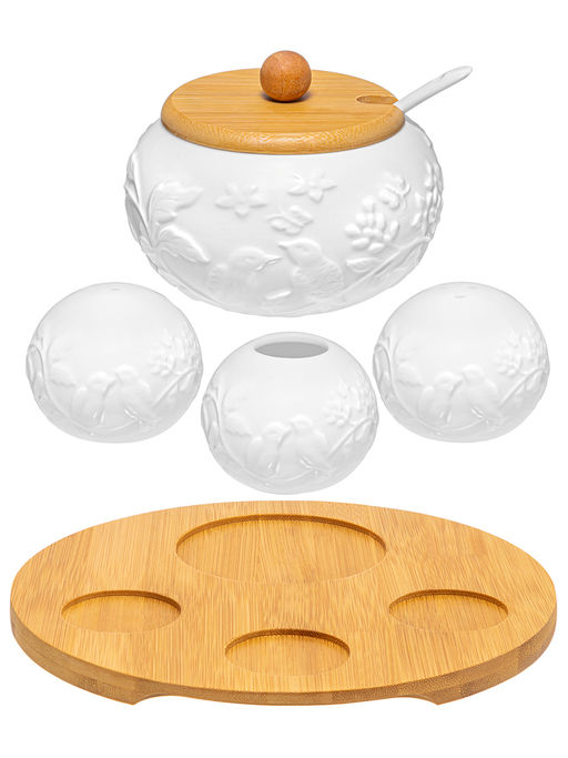 Набор 4 пр. 20,5*20,5*10 см "Птички на ветке"- Сахарница+Вазочка п/зубоч.,набор д/спец.2 пр.на бам.п