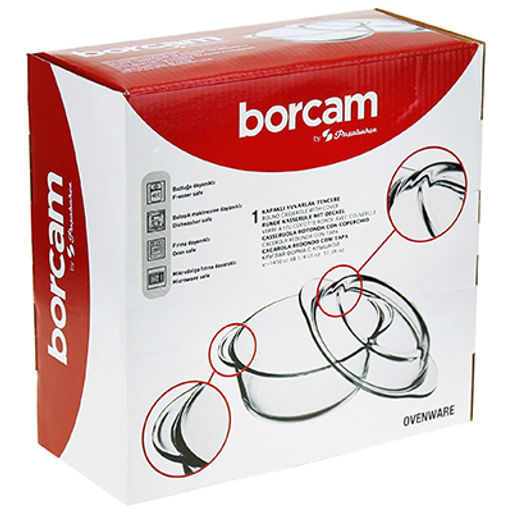 "Borcam" Форма стеклянная жаропрочная 1,45л, д41см h19см, стеклянная крышка, цветная коробка, Pasabahce (Турция)