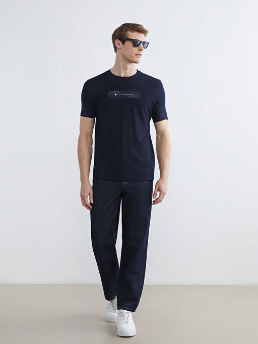 Bisiklet Yaka Bask?l? Penye Erkek Ti??rt