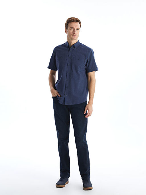 Regular Fit K?sa Kollu Keten G?r?n?ml? Erkek G?mlek