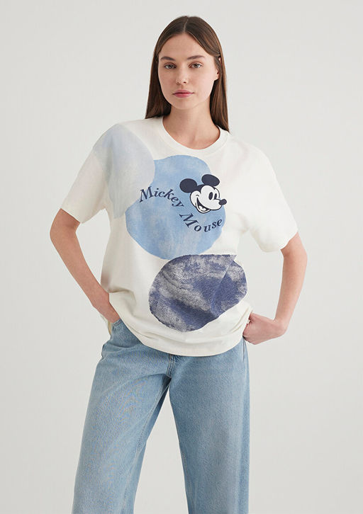 Mickey Mouse Bask?l? Beyaz Tisort