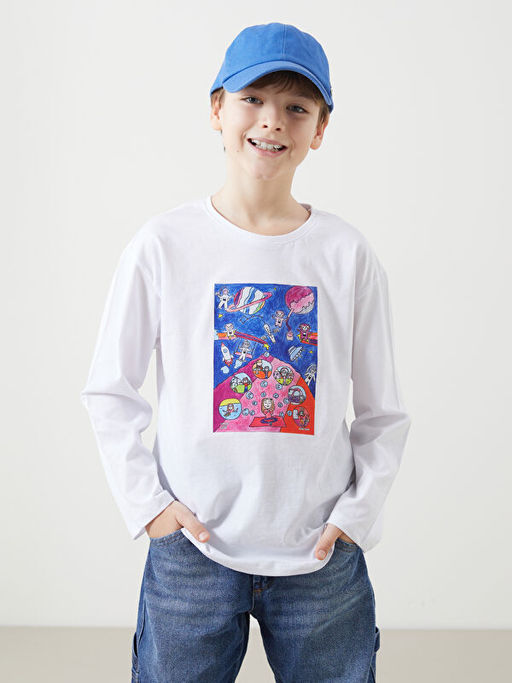 Bisiklet Yaka Bask?l? Unisex ?ocuk Ti??rt