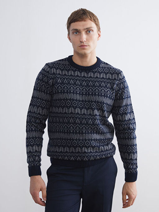 Bisiklet Yaka Uzun Kollu Desenli Erkek Triko Kazak