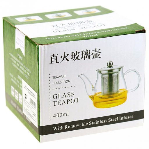 Чайник заварочный 400мл, д11см, h8см, стеклянная колба, ситечко и крышка нержавеющая сталь "Муза" д/горла 7см д/основания-7,5см, в подарочной коробке (Китай)