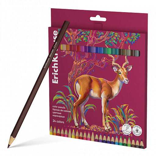 Цена за 6 шт. Цветные карандаши деревянные ErichKrause Safari трехгранные, грифель 3,3 мм, 24 цвета (в коробке с европодвесом 24 шт)