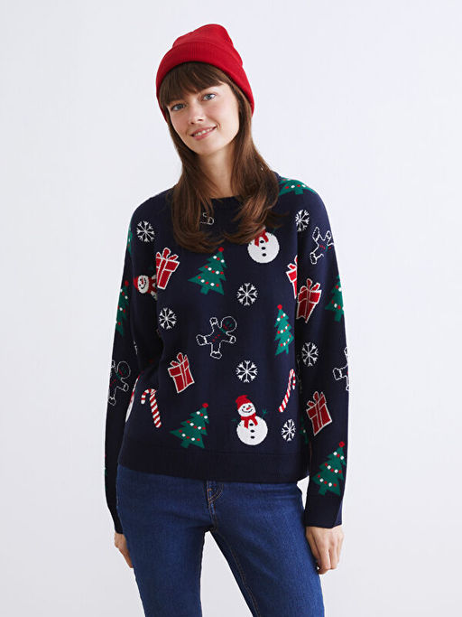 Bisiklet Yaka Y?lba?? Temal? Kad?n Triko Kazak