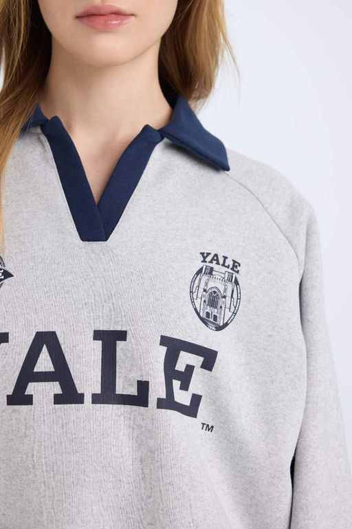 Женский серый толстый свитшот свободного покроя с воротником-поло и принтом Йельского университета - Defacto фото 5