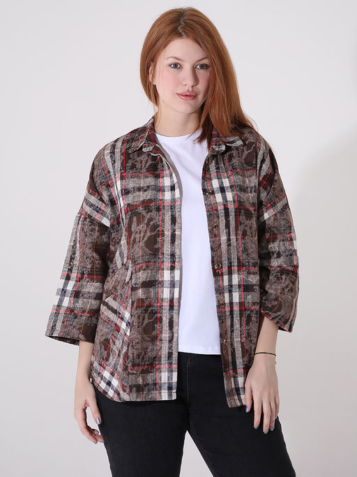 Коричневая рубашка в клетку женская больших размеров