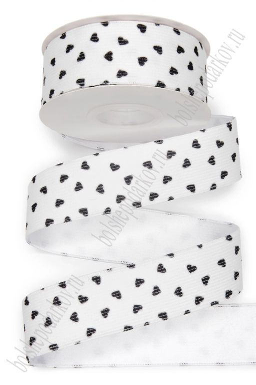 Лента вельвет/атлас "Сердечки" 3,8 см*10 ярд (SF-8058) белый №1