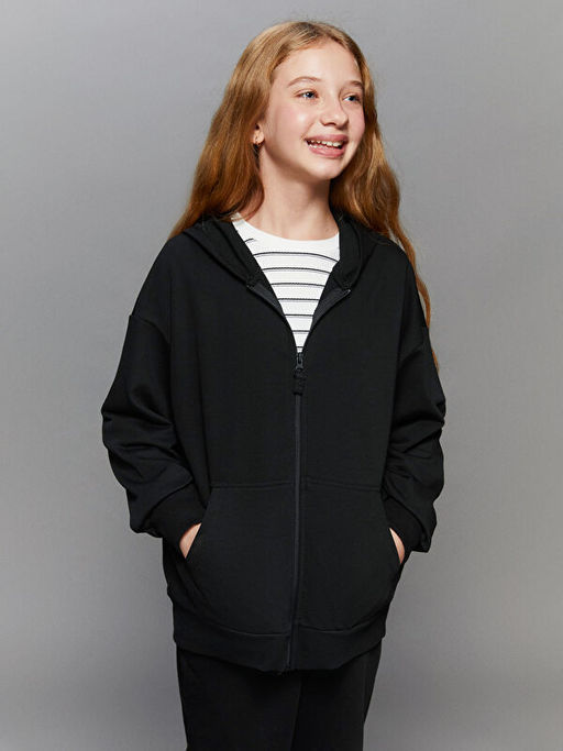 Kap??onlu K?z ?ocuk Fermuarl? Sweatshirt
